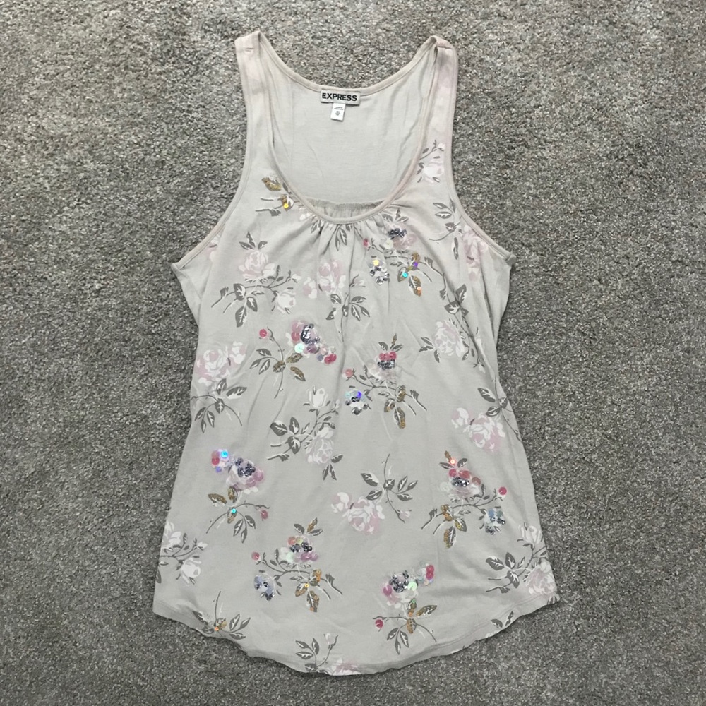 Express Taupe Sequin Floral Tank Top - XS